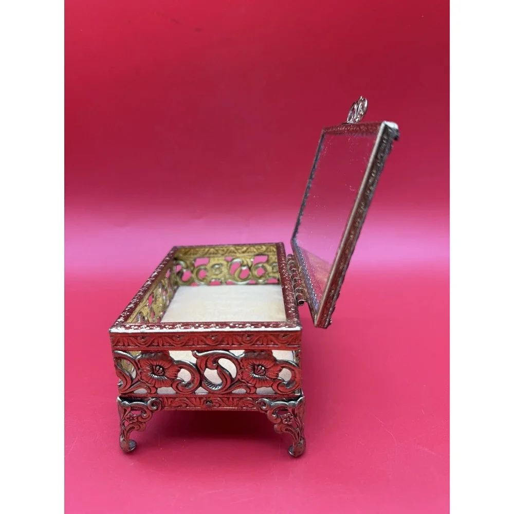 Vintage Floral Filigree Ormolu With Glass Top Jewelry Casket Box Velvet